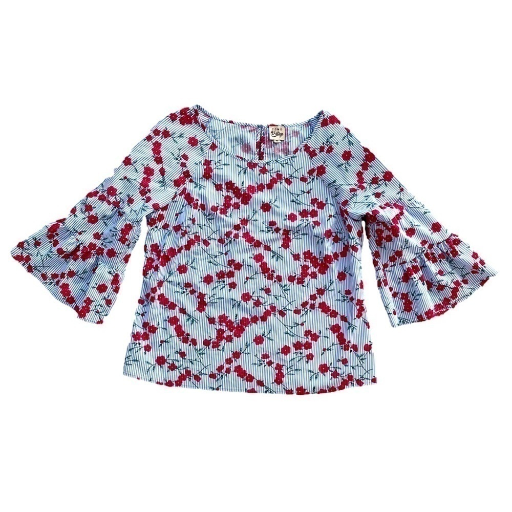 Como Vintage Blue Seersucker Floral Flare 3/4 Sleeve Blouse, M